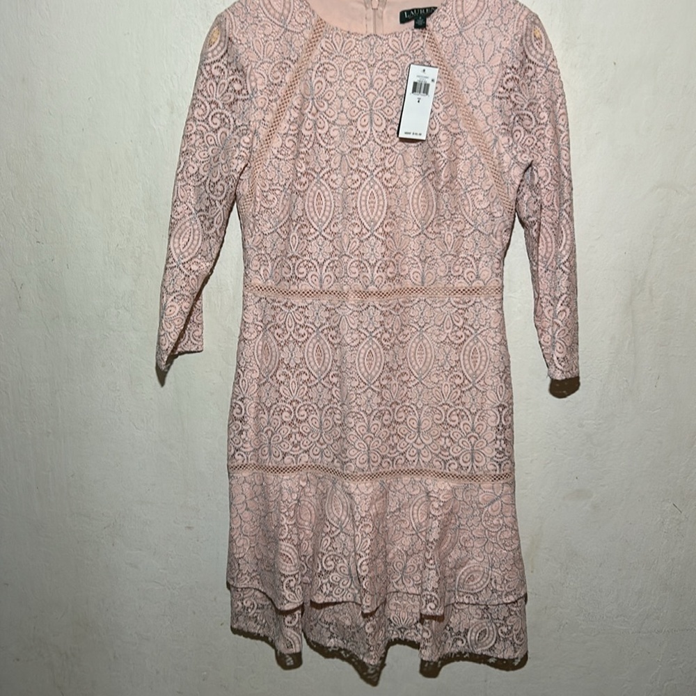 Lauren Ralph Lauren Lace Pink/Black Drop-Waist Dress Size 4 NWT - Picture 7 of 11